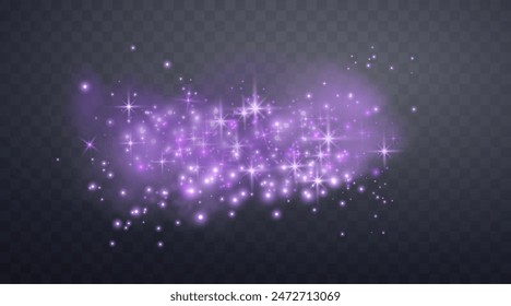 Purple magic sparks and dust stars. Purple glow flare light effect. Vector particles on transparent background. 