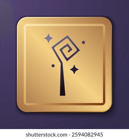 Purple Magic staff icon isolated on purple background. Magic wand, scepter, stick, rod. Gold square button. Vector