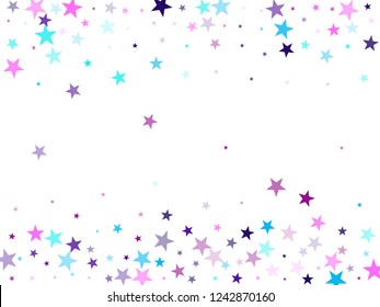 Purple magic stars sparkle texture vector. Minimal colored confetti of flying stars, magic geometric sparkles stardust vector frame background on white. Graphic party design.