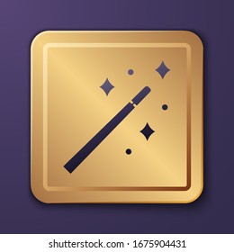 Purple Magic wand icon isolated on purple background. Star shape magic accessory. Magical power. Gold square button. Vector Illustration