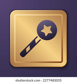 Purple Magic wand icon isolated on purple background. Star shape magic accessory. Magical power. Gold square button. Vector