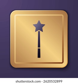 Purple Magic wand icon isolated on purple background. Star shape magic accessory. Magical power. Gold square button. Vector