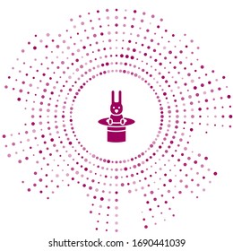 Purple Magician hat and rabbit icon isolated on white background. Magic trick. Mystery entertainment concept. Abstract circle random dots. Vector Illustration