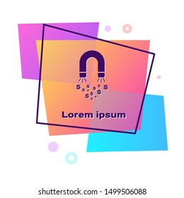 Purple Magnet with money icon isolated on white background. Concept of attracting investments, money. Big business profit attraction and success. Color rectangle button. Vector Illustration