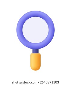 Purple magnifier, magnifying glass with yellow handle. Discovery, research, search, analysis and investigation concept. 3d vector icon. Cartoon minimal style.