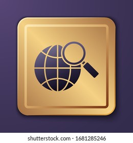 Purple Magnifying glass with globe icon isolated on purple background. Analyzing the world. Global search sign. Gold square button. Vector Illustration