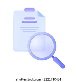 Purple magnifying glass and paper document with text 3D icon. Risk search and control, information analysis 3D vector illustration on white background. Data validation, management, analytics concept