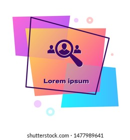 Purple Magnifying glass for search a people icon isolated on white background. Recruitment or selection concept. Search for employees and job. Color rectangle button. Vector Illustration