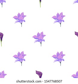 Purple Magnolia. Purple Calla. Vector illustration. Seamless background pattern. Floral botanical flower. Wild leaf wildflower isolated. Exotic tropical hawaiian jungle. Fabric wallpaper print.