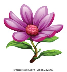 Purple magnolia flower in bloom with open petals and leaves. Vector cartoon illustration