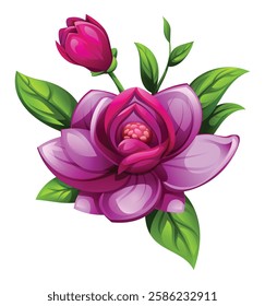 Purple magnolia flowers in bloom and bud with leaves. Vector cartoon illustration isolated on white background