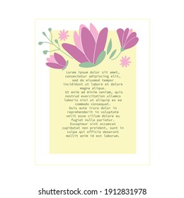 Purple magnolia with leaves drawn by hand. Purple cartoon plant. Flat vector illustration of an Asian flower on an isolated white background. Blooming decorative design element with text space.