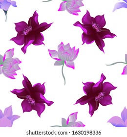 Purple Magnolia. Purple Lotus. Purple Clematis. Vector illustration. Seamless background pattern. Floral botanical flower. Wild leaf wildflower isolated. Exotic tropical hawaiian jungle. Fabric.