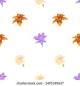 Purple Magnolia. Orange Daylily. Yellow hibiscus. Vector illustration. Seamless background pattern. Floral botanical flower. Wild leaf wildflower isolated. Exotic tropical hawaiian jungle. Fabric.