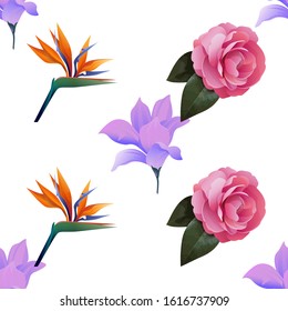 Purple Magnolia. Orange Strelitzia Reginae. Pink Balsam. Vector illustration. Seamless background pattern. Floral botanical flower. Wild leaf wildflower isolated. Exotic tropical hawaiian jungle.