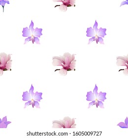 Purple Magnolia. Purple Orchid. Pink Magnolia. Vector illustration. Seamless background pattern. Floral botanical flower. Wild leaf wildflower isolated. Exotic tropical hawaiian jungle. Fabric.