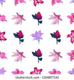 Purple Magnolia. Pink Bauhinia Purpurea. Pink Adenium. Purple Hatiora. Red Vriesea. Vector illustration. Seamless background pattern. Floral botanical flower. Wild leaf wildflower isolated. Exotic.