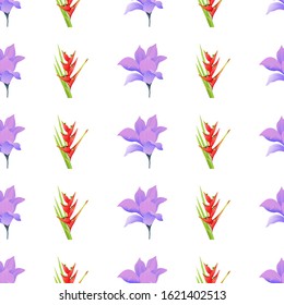 Purple Magnolia. Red Heliconia Bihai. Vector illustration. Seamless background pattern. Floral botanical flower. Wild leaf wildflower isolated. Exotic tropical hawaiian jungle. Fabric wallpaper.