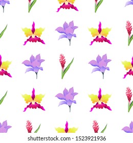 Purple Magnolia. Red and Pink Ginger. Pink Orchid. Vector illustration. Seamless background pattern. Floral botanical flower. Wild leaf wildflower isolated. Exotic tropical hawaiian jungle. Fabric.