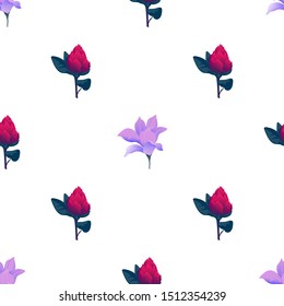 Purple Magnolia. Red Vriesea. Vector illustration. Seamless background pattern. Floral botanical flower. Wild leaf wildflower isolated. Exotic tropical hawaiian jungle. Fabric wallpaper print texture.