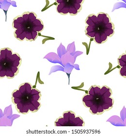 Purple Magnolia. Violet Petunia. Vector illustration. Seamless background pattern. Floral botanical flower. Wild leaf wildflower isolated. Exotic tropical hawaiian jungle. Fabric wallpaper print.