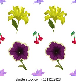 Purple Magnolia. Yellow Lilium. Violet Petunia. Red Angel Trumpet. Vector illustration. Seamless background pattern. Floral botanical flower. Wild leaf wildflower isolated. Exotic tropical hawaiian.