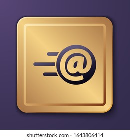 Purple Mail und E-Mail Symbol einzeln auf violettem Hintergrund. E-Mail mit Symbolen umschließen. E-Mail-Nachrichtenzeichen. Goldquadrat-Taste. Vektorillustration-Illustration