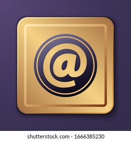 Purple Mail and e-mail icon isolated on purple background. Envelope symbol e-mail. Email message sign. Gold square button. Vector Illustration