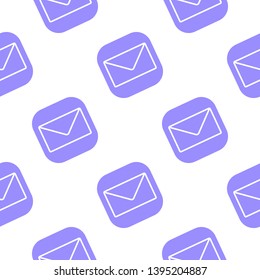 Purple Mail symbol flat graphic illustration wallpaper on white background. Email seamless pattern.