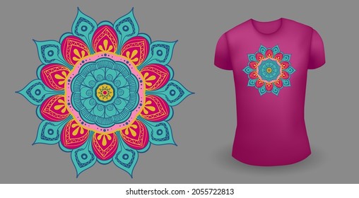 Purple male realistic t shirt with mandala. Vector