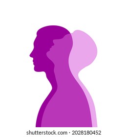 Purple male silhouette in profile with a translucent projection looking up. Mental health concept. Duality and hidden emotions.