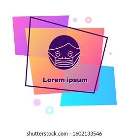 Purple Man face in a medical protective mask icon isolated on white background. Quarantine. Color rectangle button. Vector Illustration