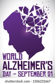 Purple man with its head broken in pieces, representing the memory loss and brain damage during World Alzheimer's Day this September 21.