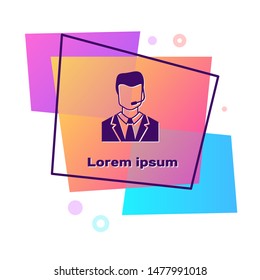 Purple Man with a headset icon isolated on white background. Support operator in touch. Concept for call center, client support service. Color rectangle button. Vector Illustration