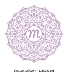 Purple Mandala Monogram. Circular figure representing the universe in Hindu and Buddhist symbolism