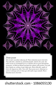 Purple mandala on black background, text frame. Ultraviolet symmetric mono line patterns
