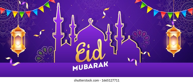 Purple Mandala Pattern Background with Hanging Golden Illuminated Lanterns and Sticker Style Mosque for Eid Mubarak Celebration.