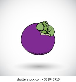 Purple mangosteen icon. Hand-drawn cartoon fruit sketch. Doodle drawing. Vector illustration. 