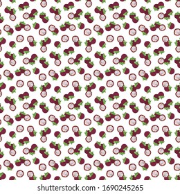 purple mangosteen seamless pattern illustration on white background. exotic tropical fruit from southeast Asia.