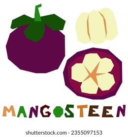 El mangostino púrpura, entero y en sección, está resaltado sobre un fondo blanco. La firma original es mangosteen. Frutas de verano jugosas para envasado de alimentos orgánicos. Vector plano geométrico estilizado