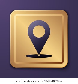 Purple Map pin icon isolated on purple background. Navigation, pointer, location, map, gps, direction, place, compass, search concept. Gold square button. Vector Illustration