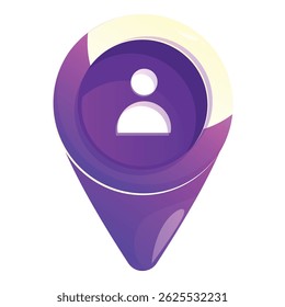 Purple map pin icon with a user in the middle showing location