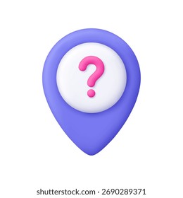 Marcador de ubicación de pin de mapa púrpura con centro de círculo blanco y signo de interrogación rosa. Ubicación desconocida, ayuda de navegación, búsqueda, navegación GPS, concepto de geoetiqueta. Icono de Vector 3D. Estilo minimalista de dibujos animados.