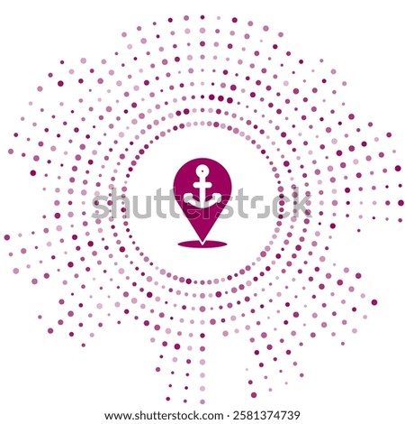 Purple Map pointer with anchor icon isolated on white background. Abstract circle random dots. Vector