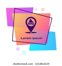 Purple Map pointer with barbecue icon isolated on white background. Fire flame icon. Barbecue and BBQ grill symbol. Color rectangle button. Vector Illustration