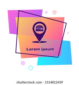 Purple Map pointer with fast food burger icon isolated on white background. Color rectangle button. Vector Illustration