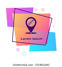 Purple Map pointer with fast food hotdog icon isolated on white background. Sausage icon. Color rectangle button. Vector Illustration