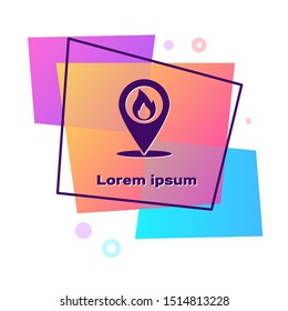 Purple Map pointer with fire flame icon isolated on white background. Fire nearby. Color rectangle button. Vector Illustration