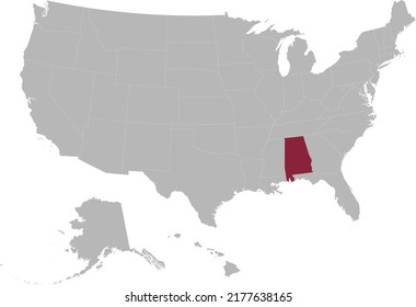 Purple Map of US federal state of Alabama within gray map of United States of America