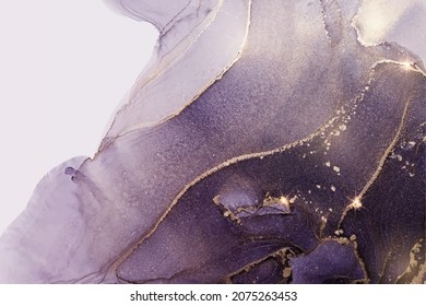 Purple marble with gold stripes alcohol ink painting. Luxury violet black watercolor background with golden brush strokes. Vector illustration of grey watercolour art design for wedding invitation.